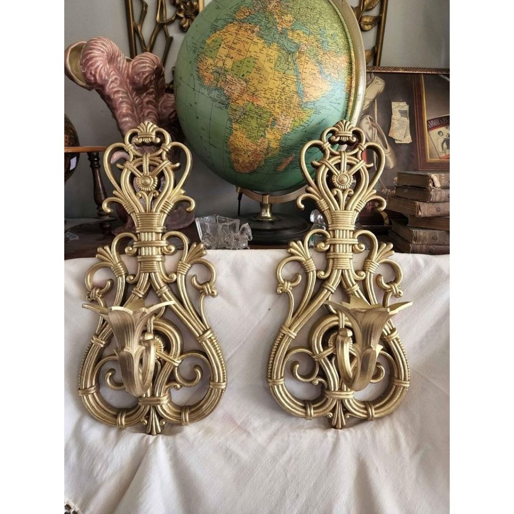 Vintage 1977 Set of 2 Dart / Home Interiors Large Wall Sconces - Faux Wicker